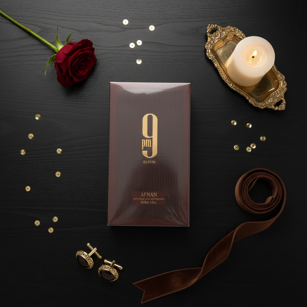 9 PM Elixir Dark Surface Flat Lay